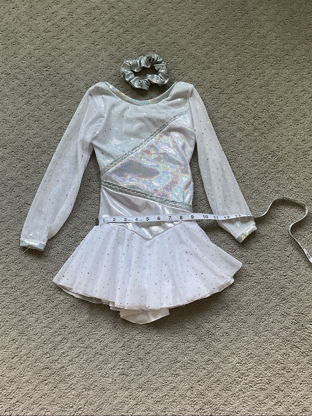 White & Silver Girls' Ice Skating Dress with Scrunchie 0449